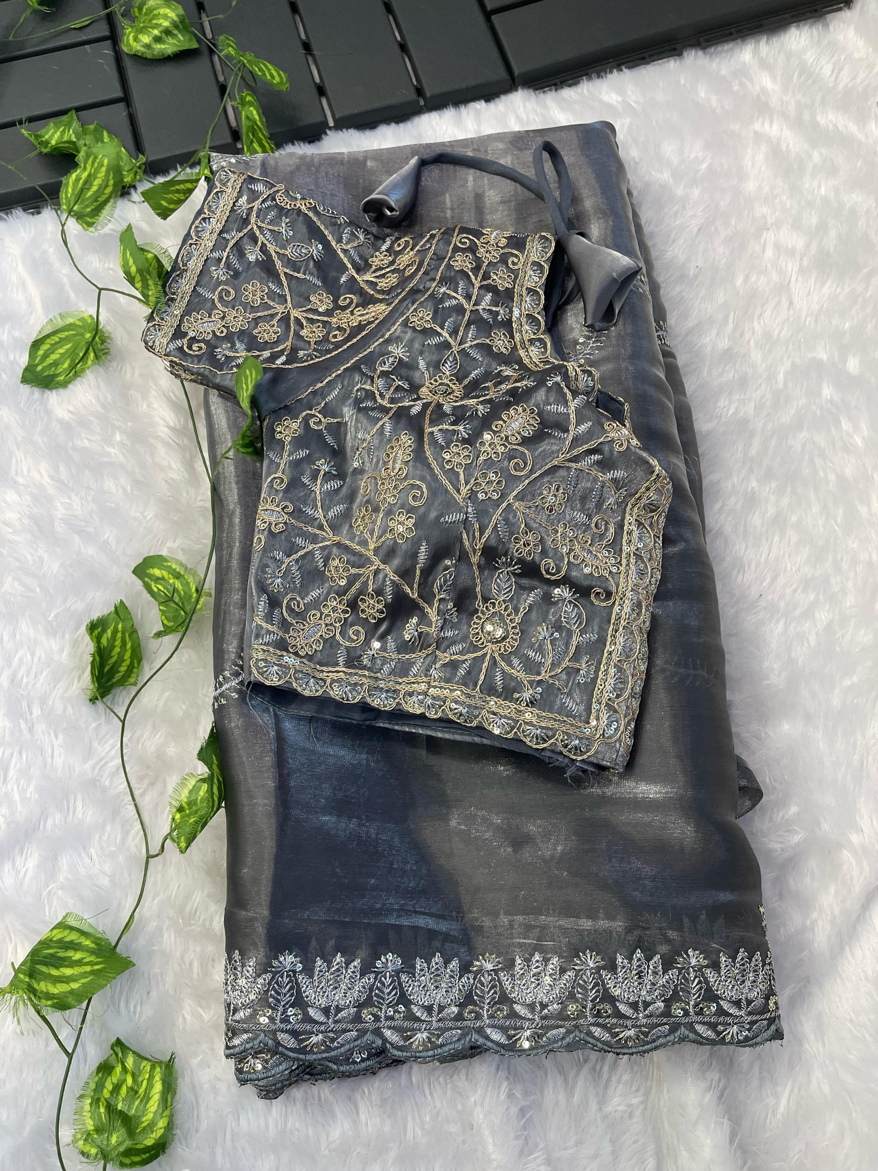 Exclusive Embroidery Cutwork Gray Color Saree