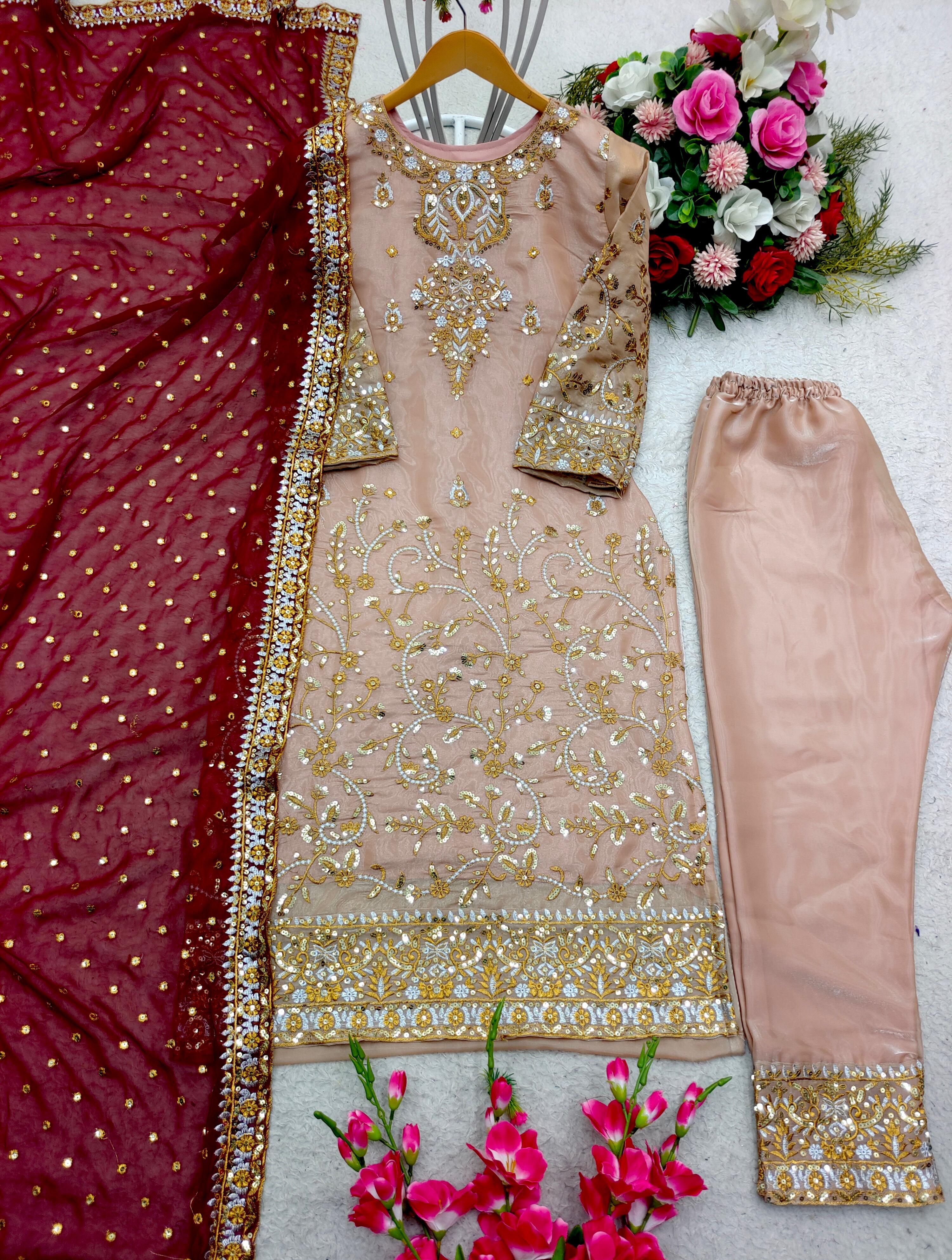 Peach Salwar Suit With Maroon Dupatta All Over Work
