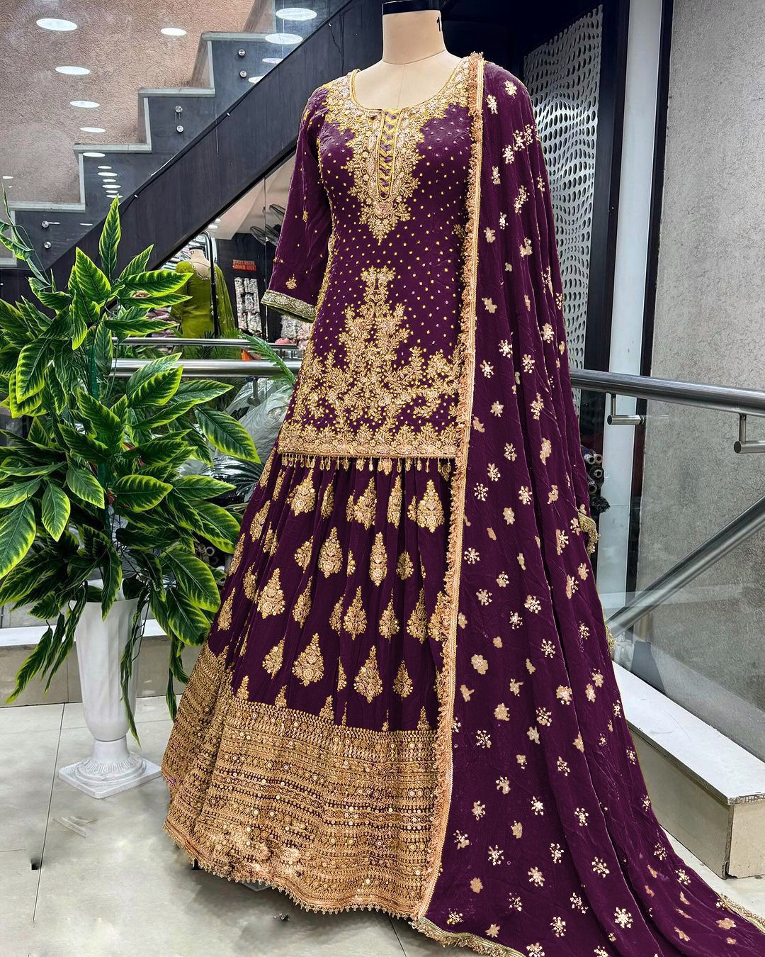 Ceremony Wear Embroidery Work Wine Color Lehenga With Top