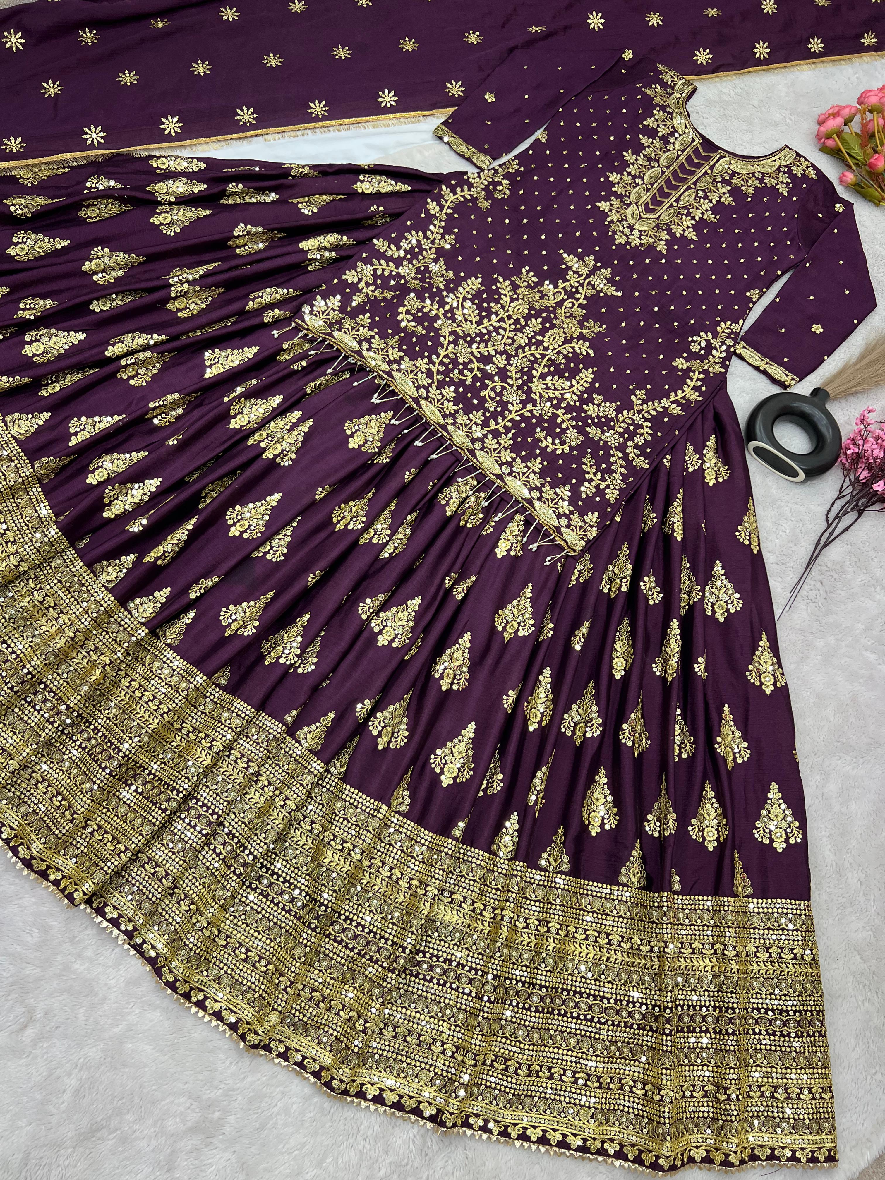 Ceremony Wear Embroidery Work Wine Color Lehenga With Top