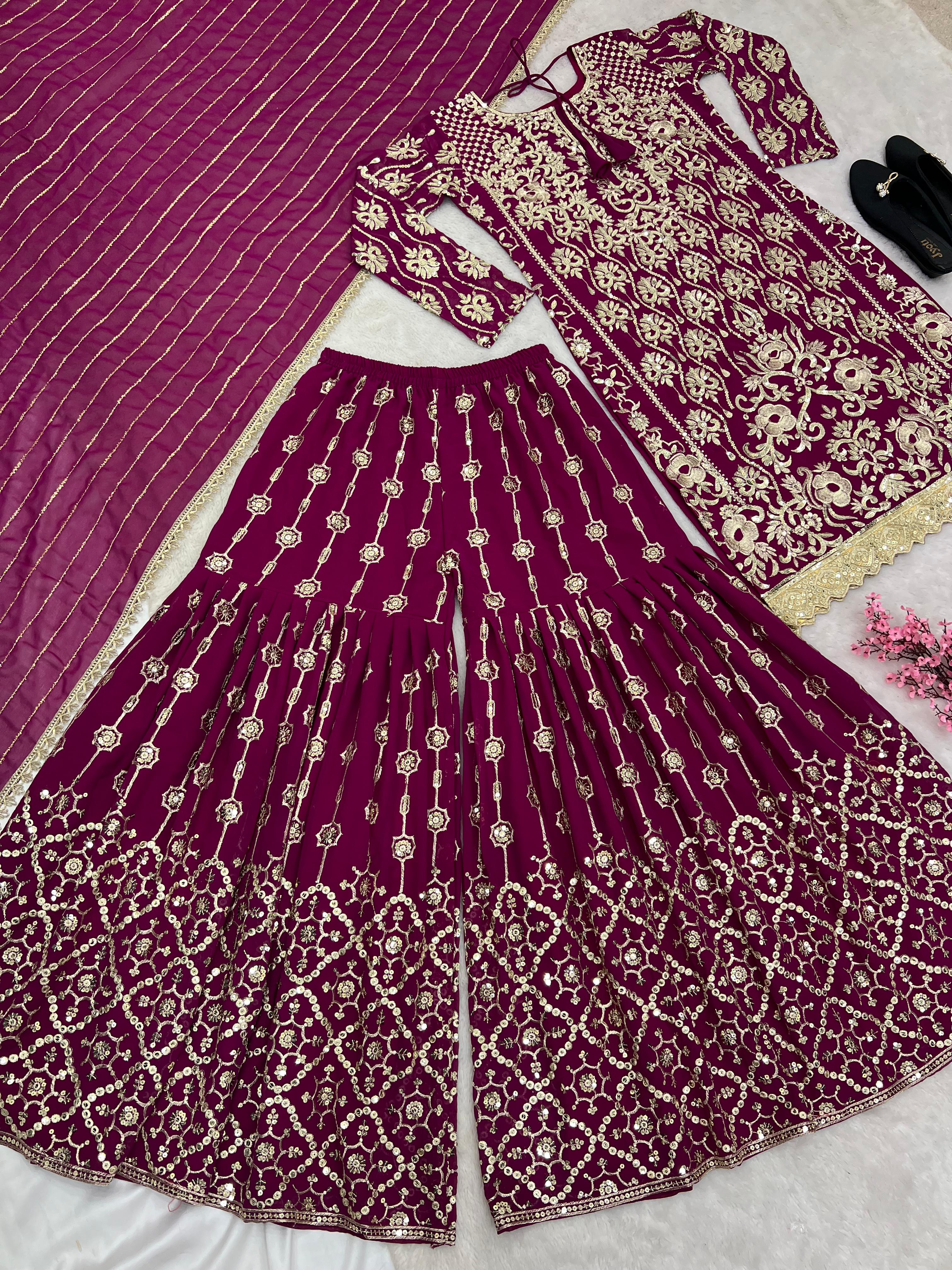 Heavy Embroidery Sequence Work Wine Sharara Suit