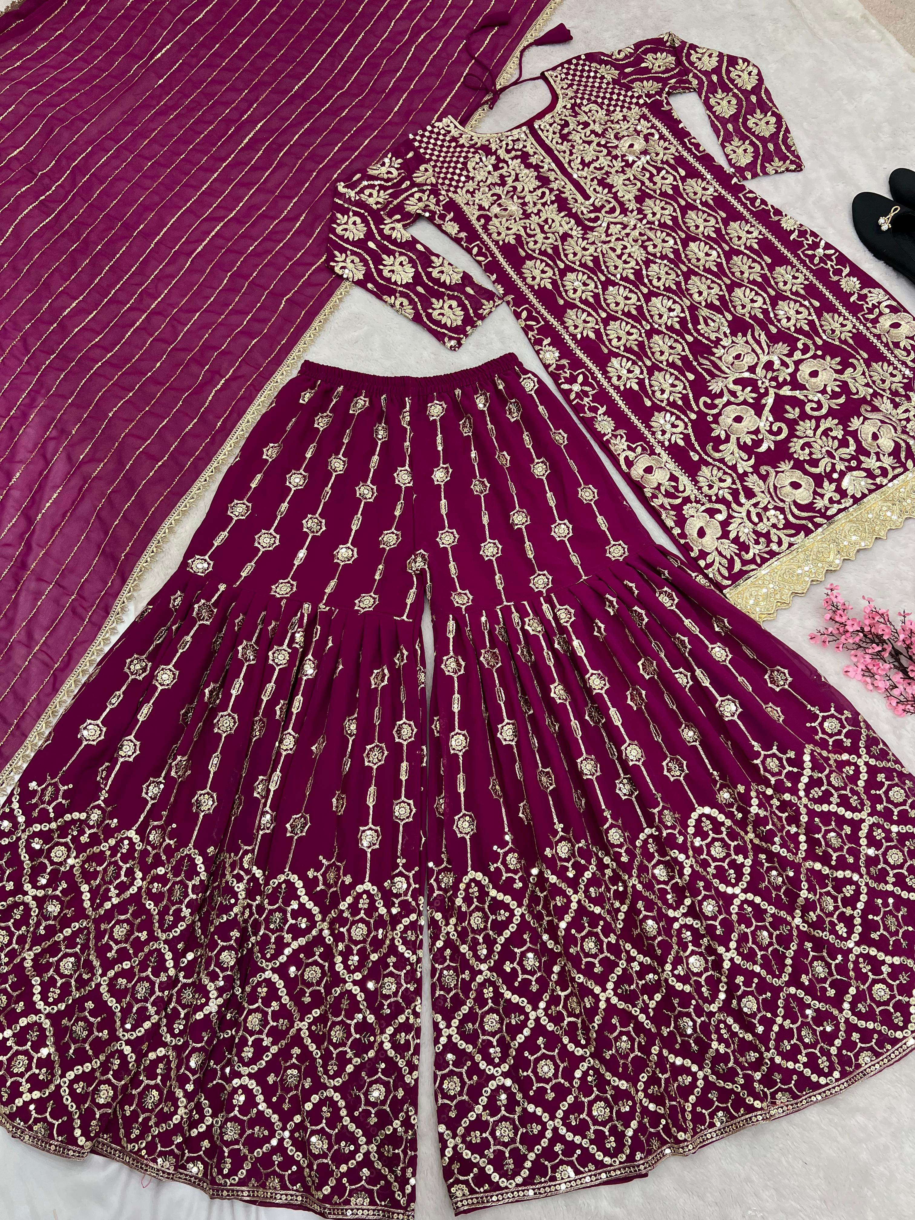 Heavy Embroidery Sequence Work Wine Sharara Suit