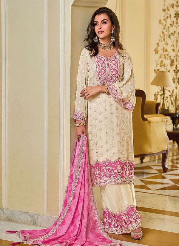 Trendy White And Pink Color  Work Palazzo Suit