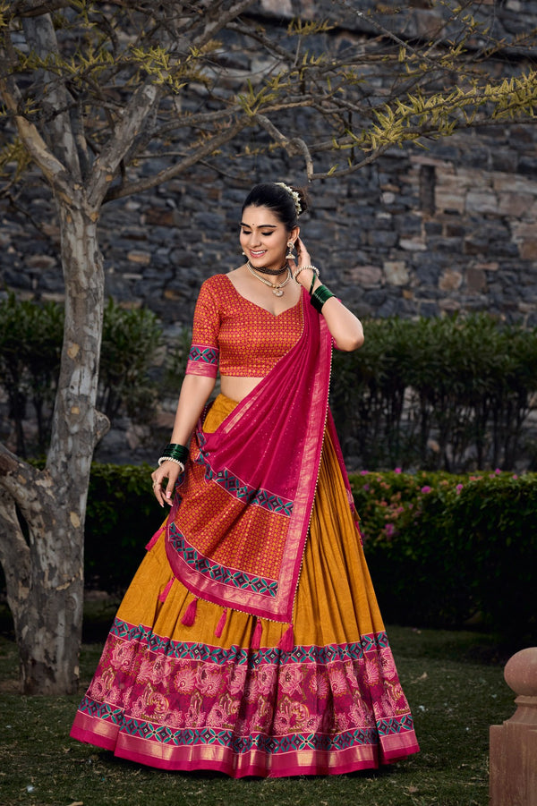 Mustard and Red Color Ceremony Wear Lehenga Choli