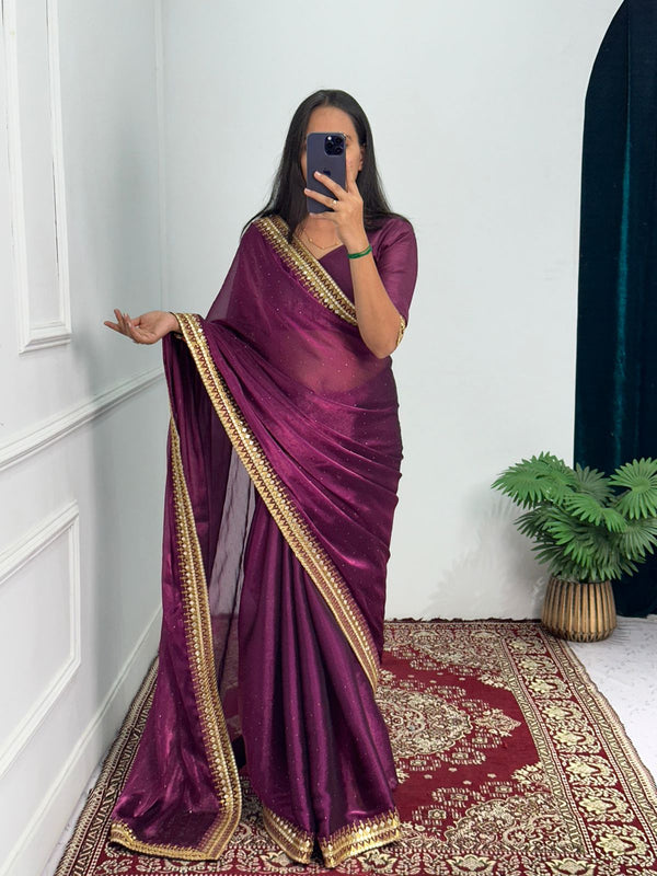 Terrific Embroidery Lace Work Wine Color Saree