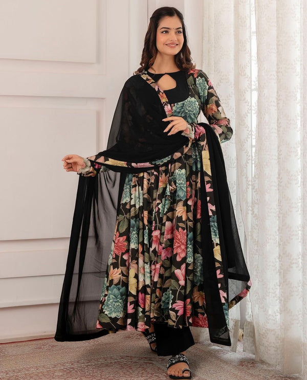 Flower Print Black Color Gown With Dupatta