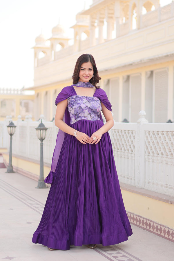 Pleted Purple Color Beautiful Print Work Gown