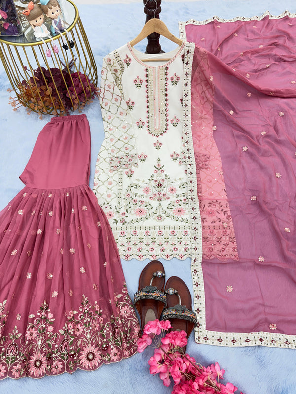 Stunning Off White With Pink Color Sharara Suit