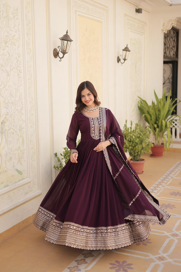 Fantastic Wine Color Embroidered Work Gown
