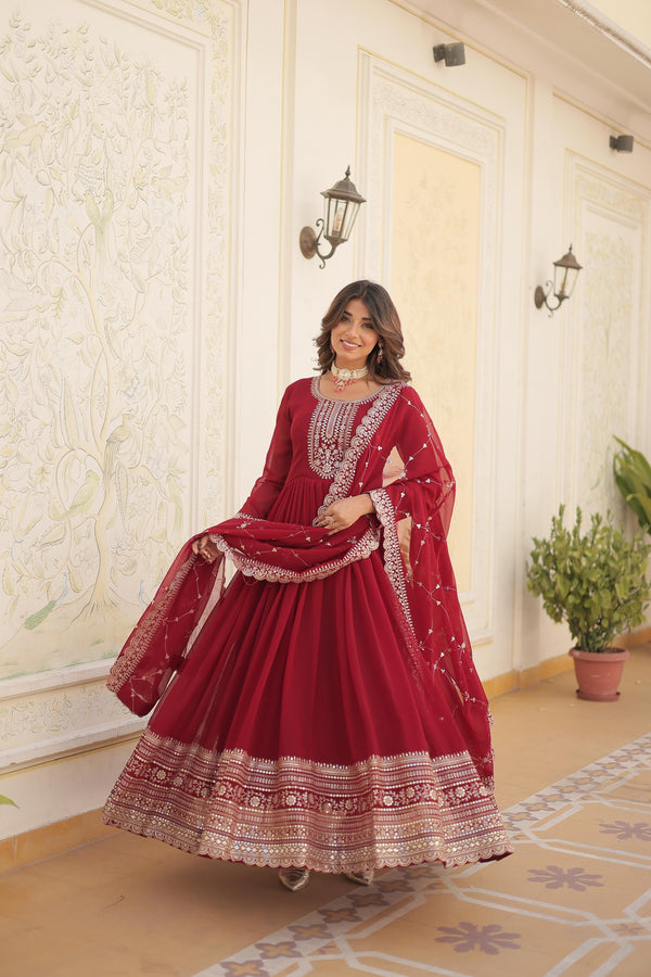 Fantastic Maroon Color Embroidered Work Gown