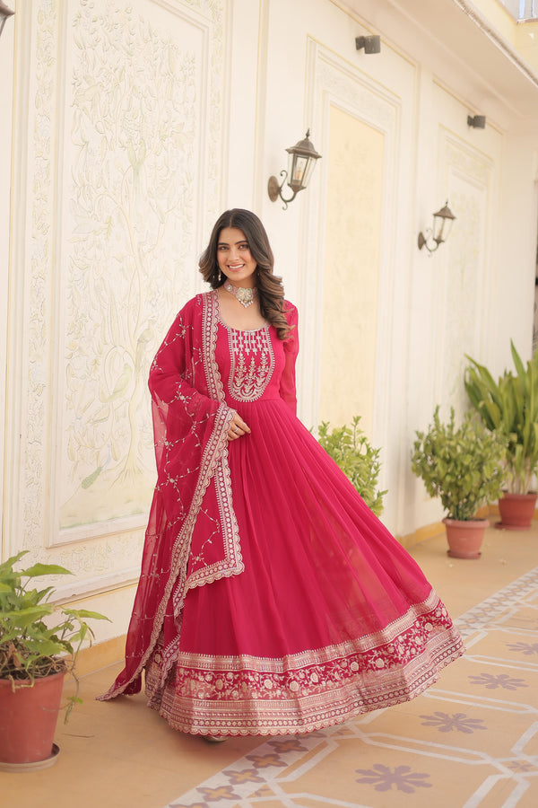 Fantastic Pink Color Embroidered Work Gown
