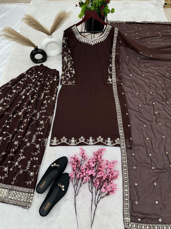 Imposing Embroidery Work Brown Sharara Suit
