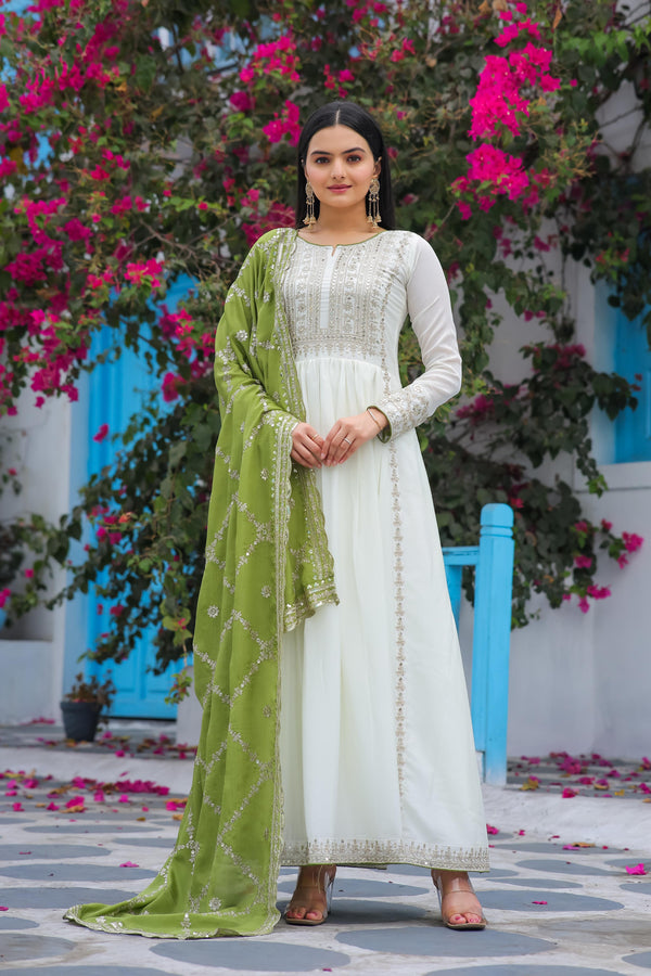 Stylish White Gown With Green Work Dupatta