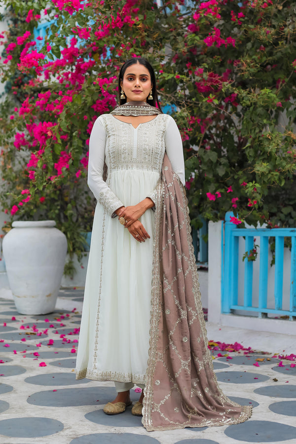 Stylish White Gown With Brown Work Dupatta