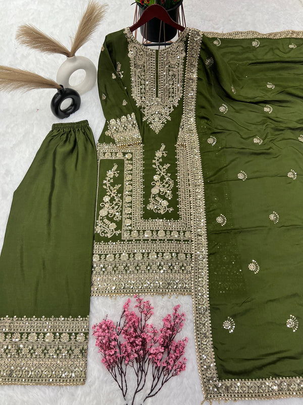 Awesome Mehndi Green Color Embroidery Work Palazzo Suit