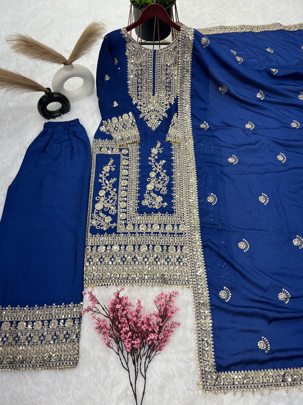 Awesome Blue Color Embroidery Work Palazzo Suit