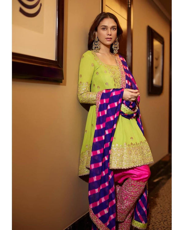 Bollywood Celebrity Style Parrot Green Suit With Dupatta