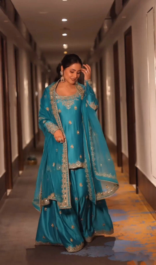 Hina Khan Wear Teal Blue Color Sharara Suit