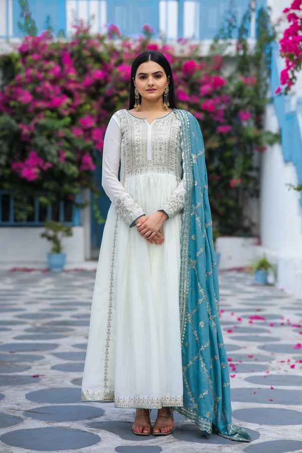 Stylish White Gown With Sky Blue Work Dupatta