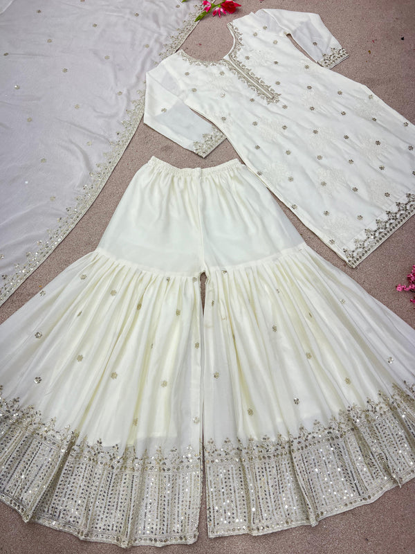 White Sequence Embroidery Work Sharara Suit