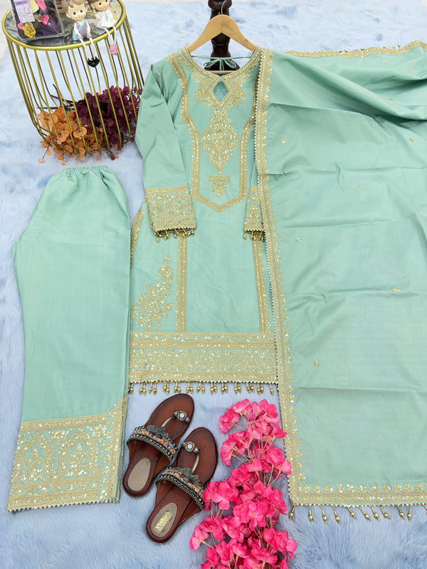 Innovative Pista Green Color With Work Salwar Suit