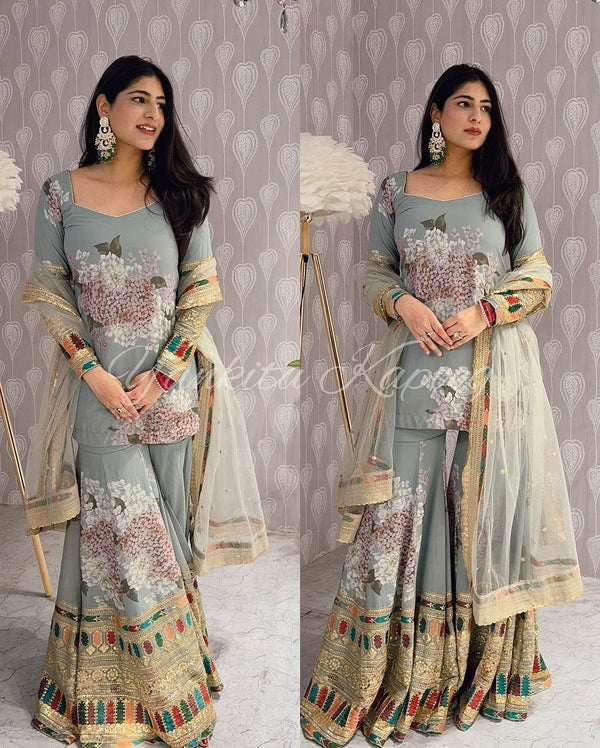 Trendy Gray Color Printed Embroidered Sharara Suit
