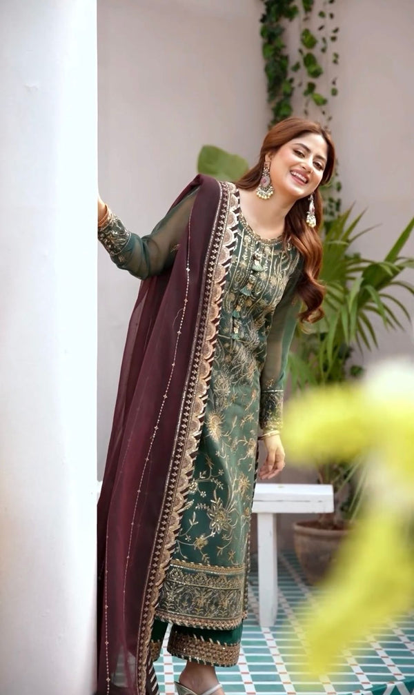 Green Color  Palazzo Suit With Maroon Dupatta