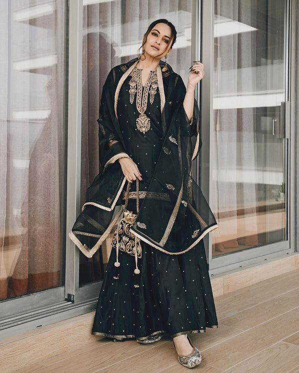 Sonakshi Sinha Wear Black Color Sharara Suit
