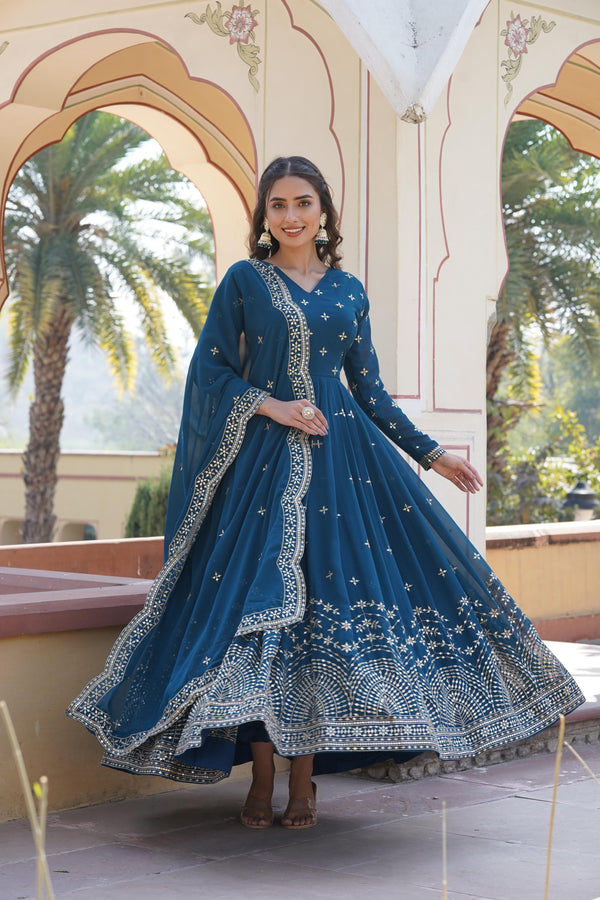 Georgette Blue Embroidery Work Gown With Dupatta