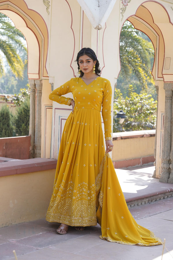 Georgette Mustard Embroidery Work Gown With Dupatta