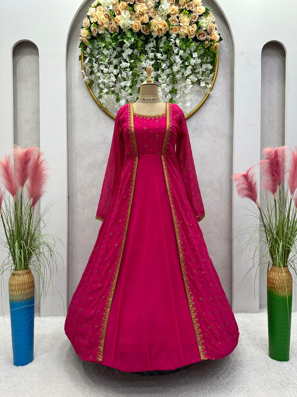 Fancy Pink Color Thread Work Long Gown With Shrug