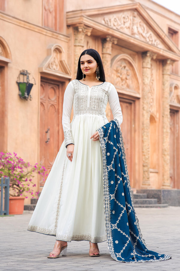 Stylish White Gown With Navy Blue Work Dupatta