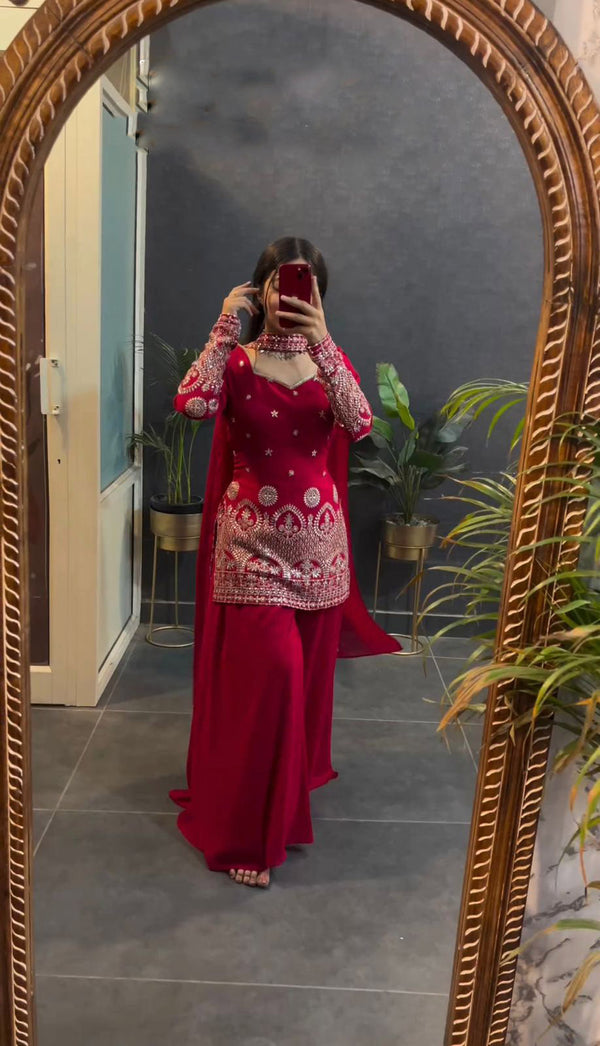Pink Color Work Top With Plain Sharara Suit