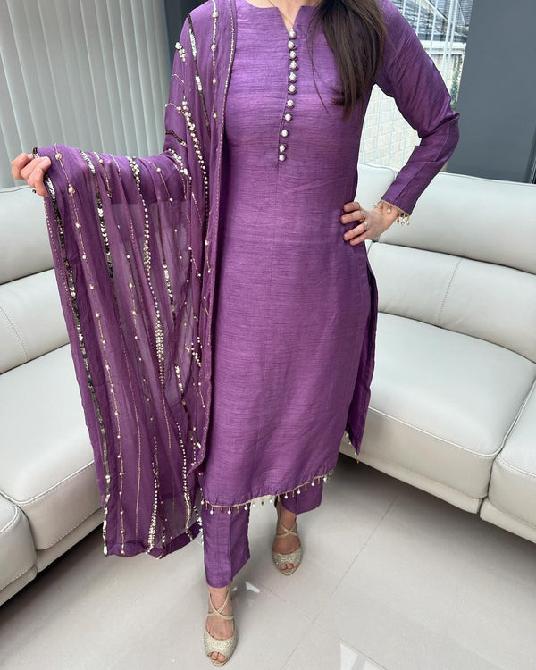 Beautiful Look Lavender Color Designer Kurti Pent With Dupatta