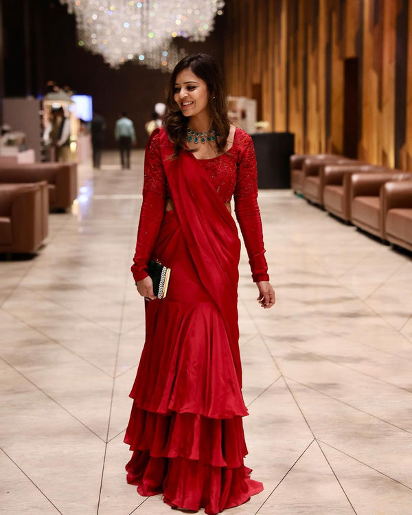Stunning Red Color Ready To Wear Lehenga Saree
