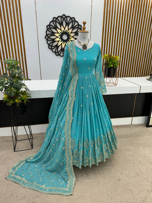 Wonderful Sky Blue Color Embroidery Sequence Gown