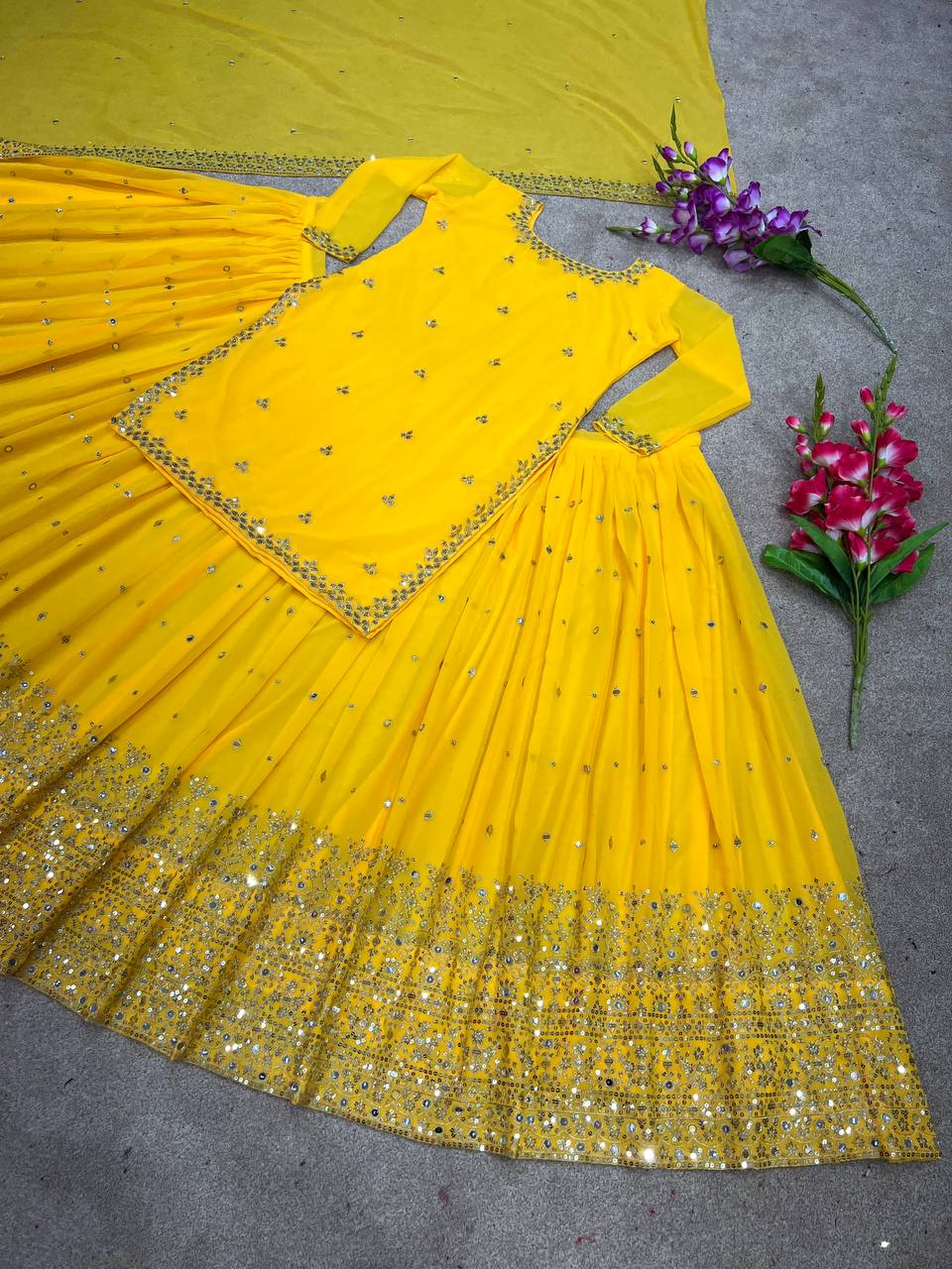 Marvelous Embroidery Work Yellow Color Lehenga With Top