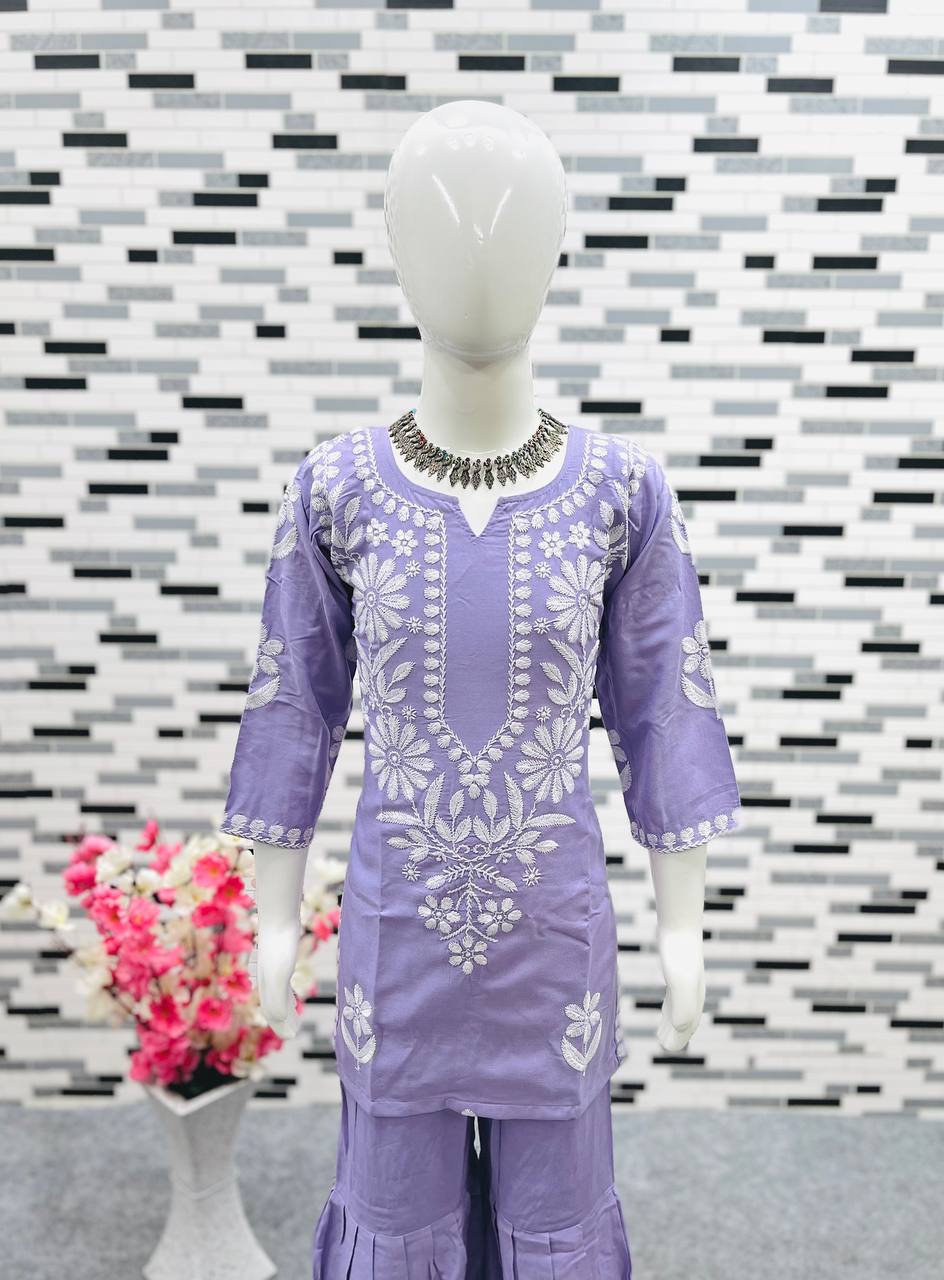 Lavender Color Thread Work Sharara Suit For Girls