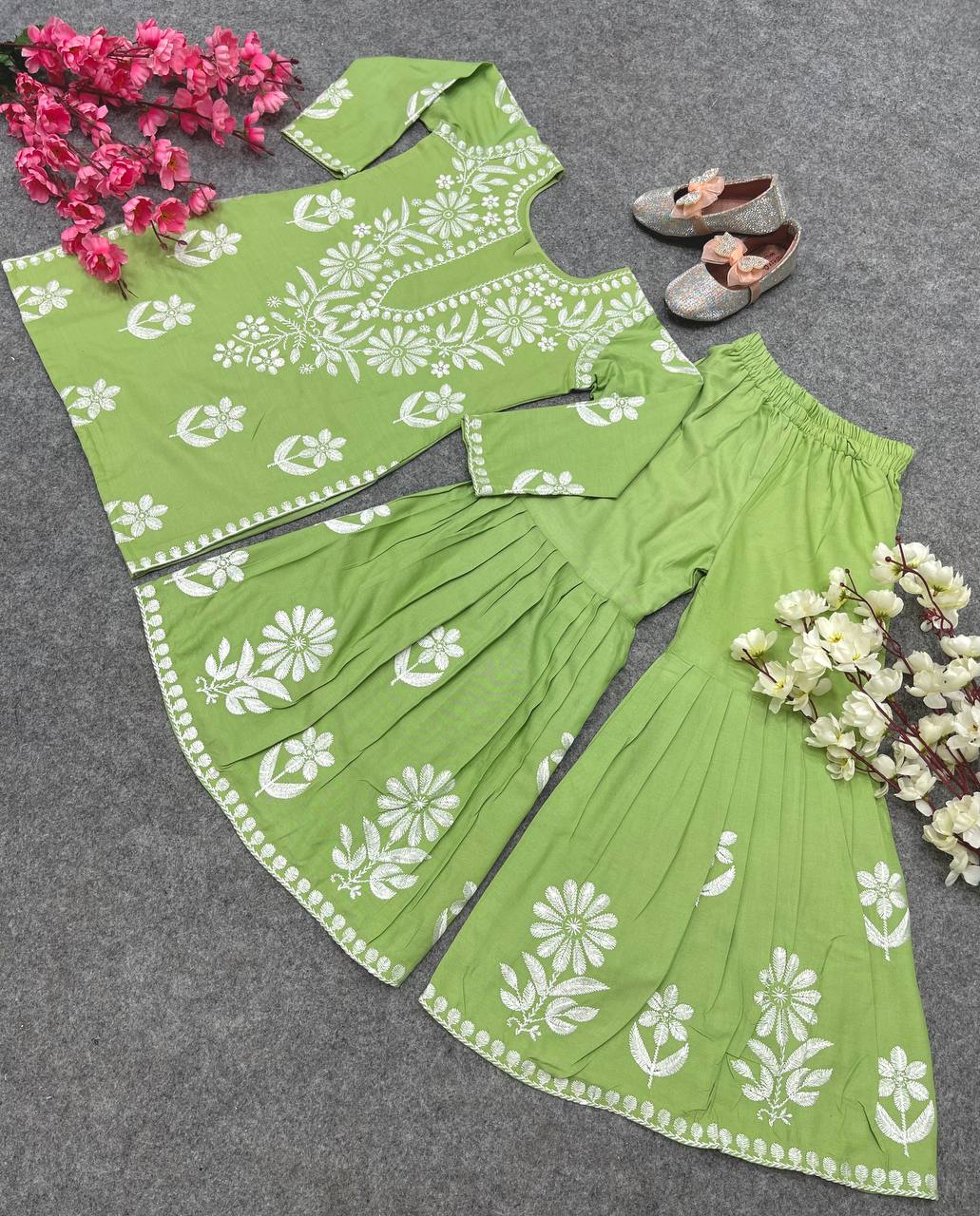 Green Color Thread Work Sharara Suit For Girls