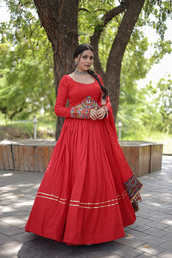 Traditional Wear Red Color Mirror Work Navratri Lehenga Choli
