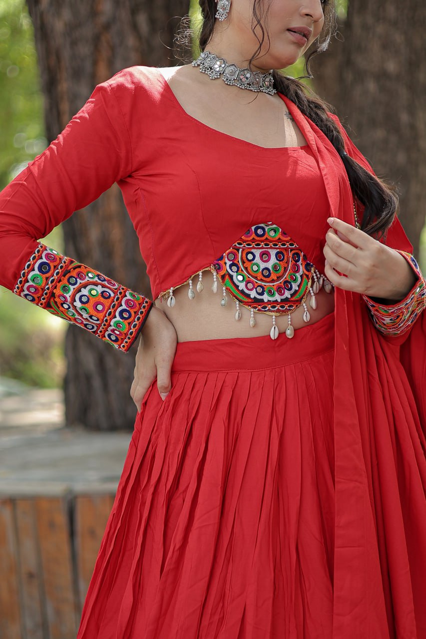 Traditional Wear Red Color Mirror Work Navratri Lehenga Choli