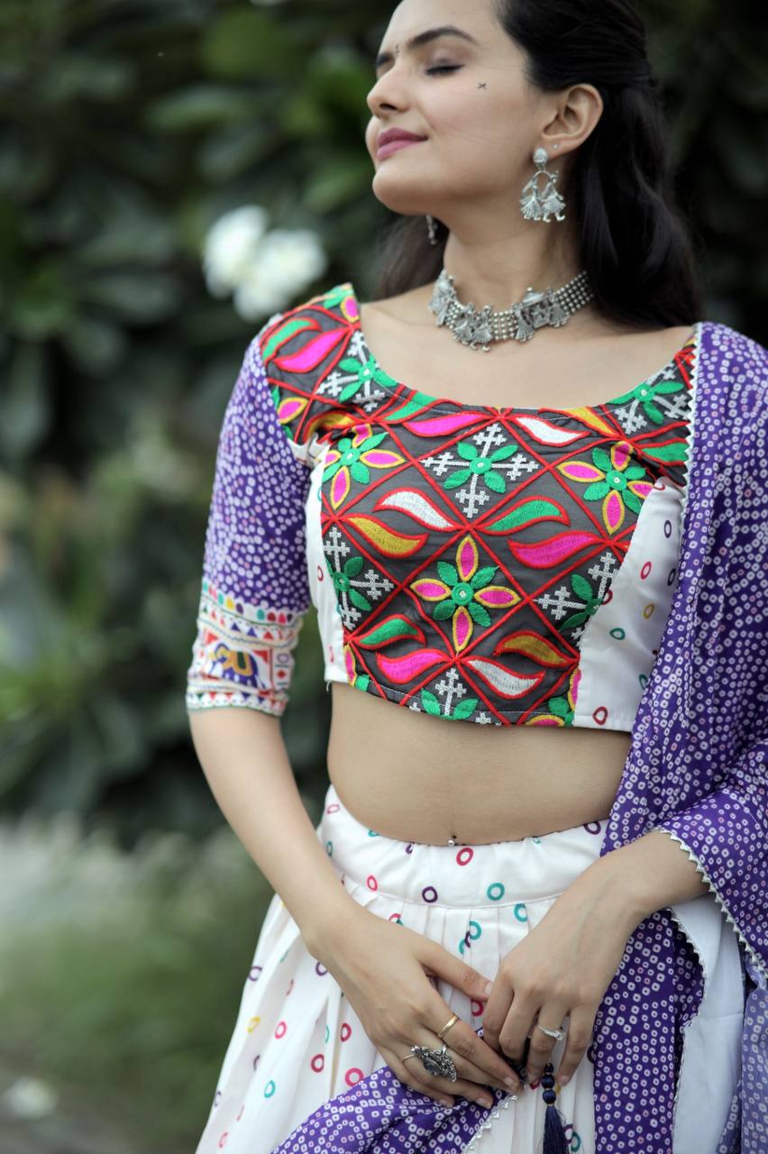 Traditional White With Purple Color Navratri Wear Lehenga Choli