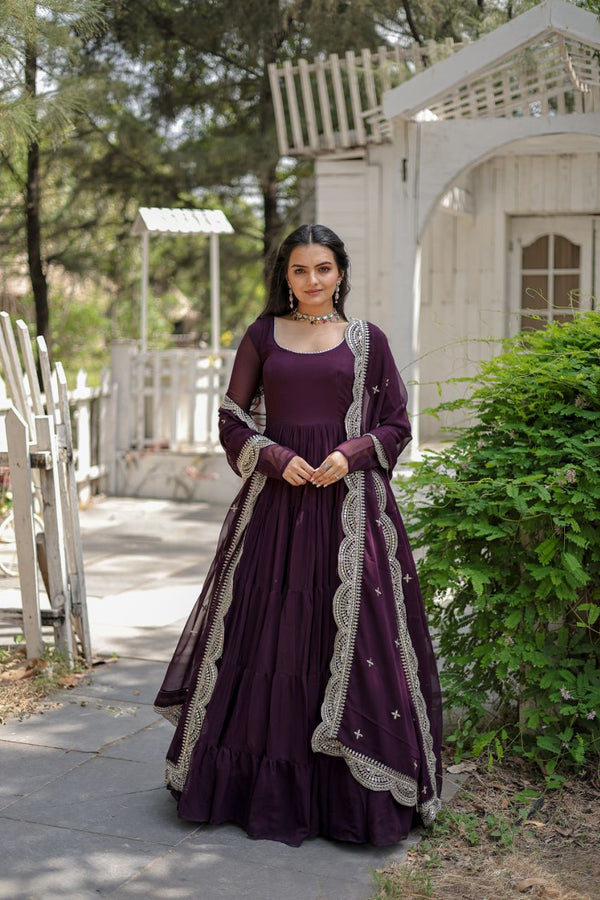 Wine Color Full Sleeves Gown With Cut Work Dupatta