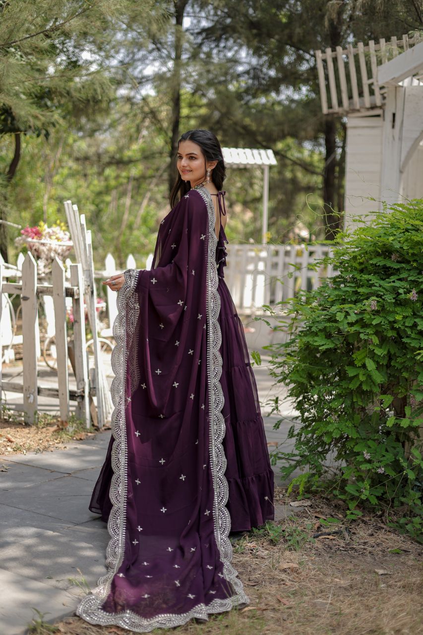 Wine Color Full Sleeves Gown With Cut Work Dupatta