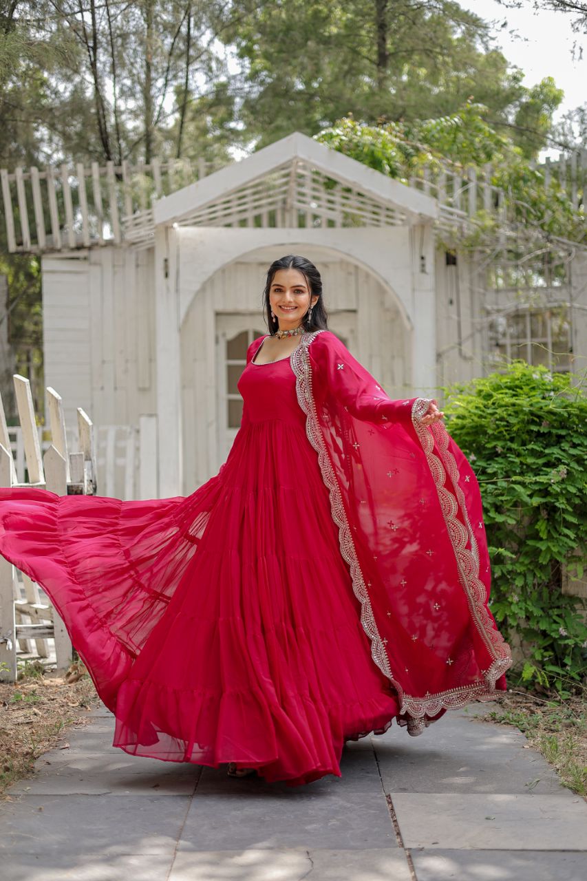 Pink Color Full Sleeves Gown With Cut Work Dupatta