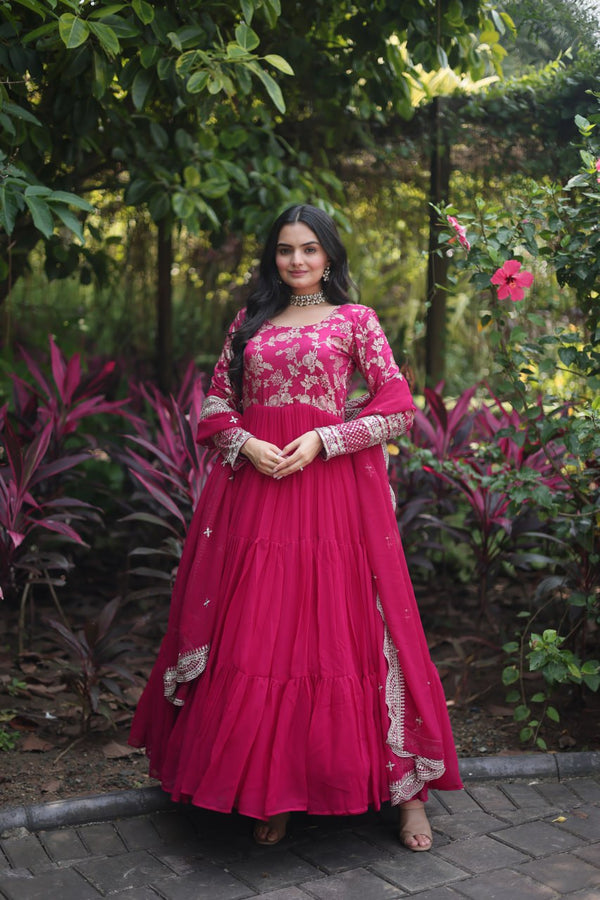 Festive Wear Pink Color Jacquard Work Gown