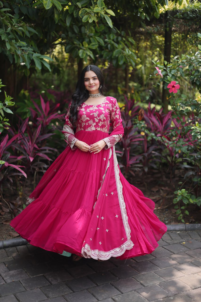 Festive Wear Pink Color Jacquard Work Gown