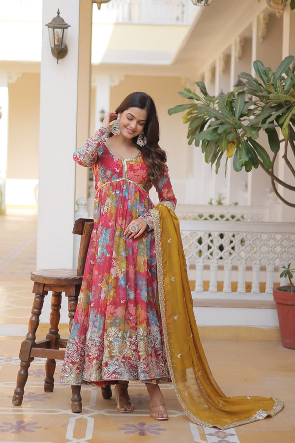 Wonderful Pink Color Printed Gown With Cream Dupatta