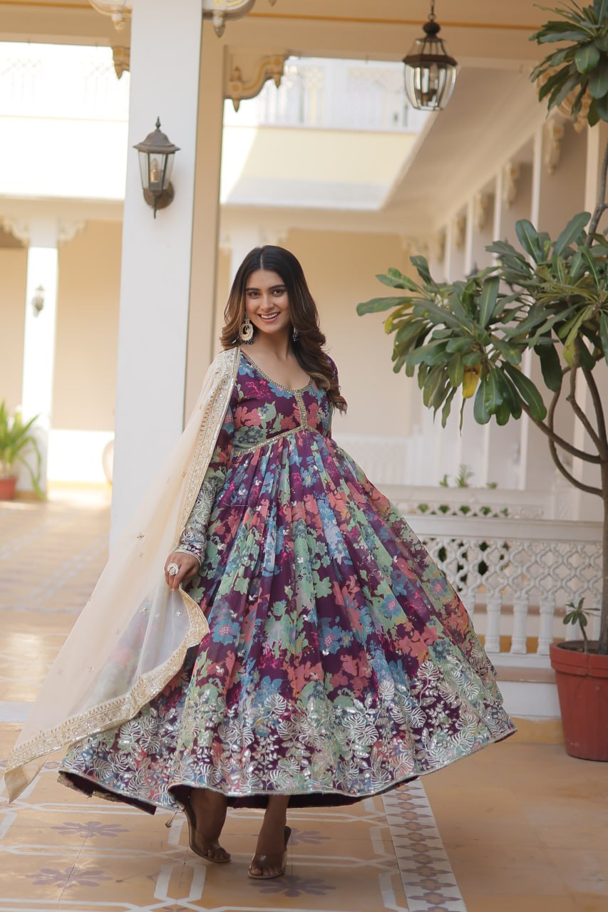 Wonderful Wine Color Printed Gown With Cream Dupatta