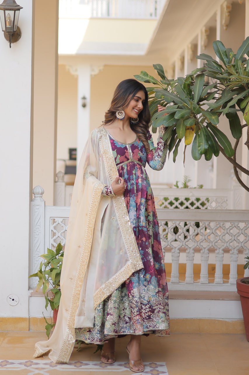 Wonderful Wine Color Printed Gown With Cream Dupatta